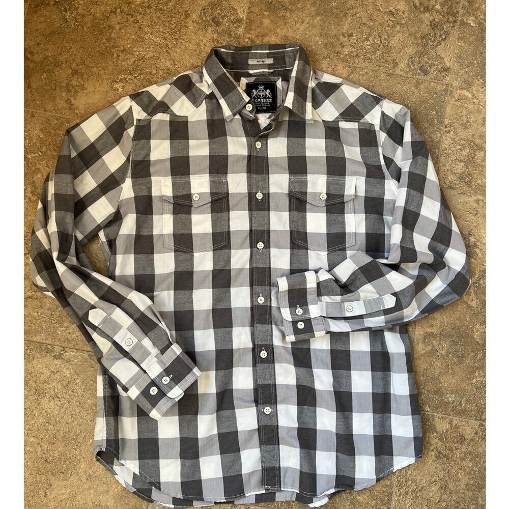 Express Fitted White Gray Long Sleeve button Down Shirt, Men's XL